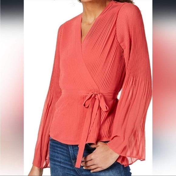 NWT Bar III Wrap Blouse XXS Salmon Orange Pink “Dark Starfish” Bell Sleeves Boho - Picture 1 of 16